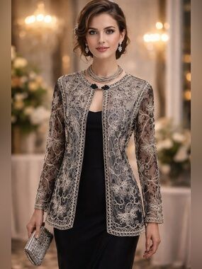 I.S.C. Women’s Black Gold Ivory Mesh Corded Embroidered Evening Jacket M NEW